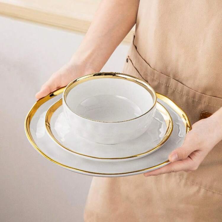 12-Piece Dinnerware, White With Golden Border, Poreclain Tableware, Dinner Plate, Dessert Plate And Bowl, Sevice For 4 - White With Golden Border - View 7