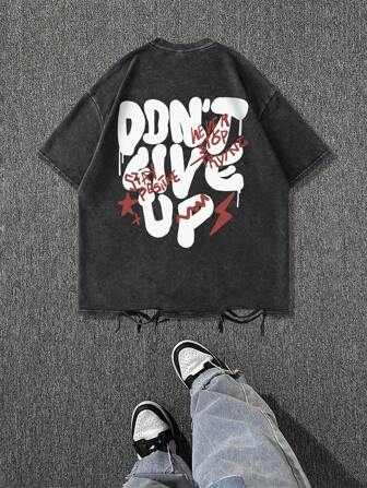 Men's Letter Print Fashionable Versatile Streetwear Vintage Distressed Round Neck Short Sleeve Washed T-Shirt, Emo