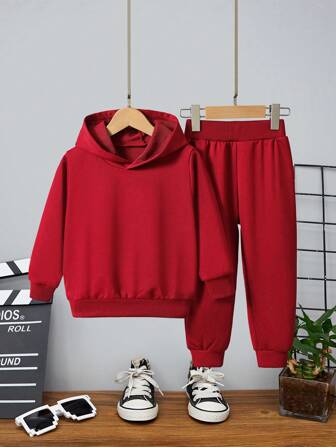2 sztuki/zestaw dla chłopca 2025 Nowy Rok Casual Jednolity Kolor Bluza z kapturem i spodnie dresowe Zestaw, Jesień/Zima/Wiosna