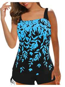 2Pcs Women Summer Swimwear, Leaf Print Padded Tank Tops + Solid Color Drawstring Shorts Swimsuit For Girls, 5 Colors - Sky Blue - View 1