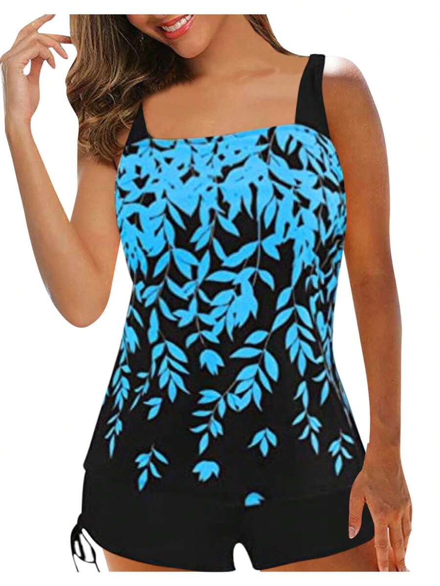 2Pcs Women Summer Swimwear, Leaf Print Padded Tank Tops + Solid Color Drawstring Shorts Swimsuit For Girls, 5 Colors - Sky Blue - View 1