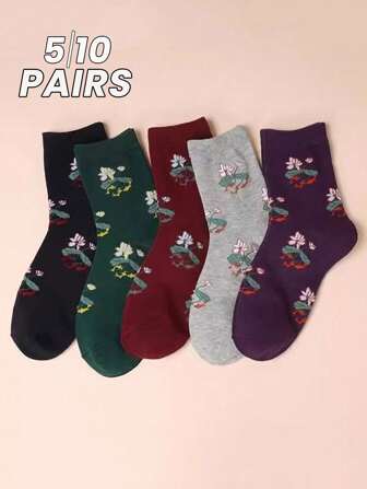 5/10 双女士复古风格妈妈袜春秋冬款花朵图案宽口中筒中老年袜子