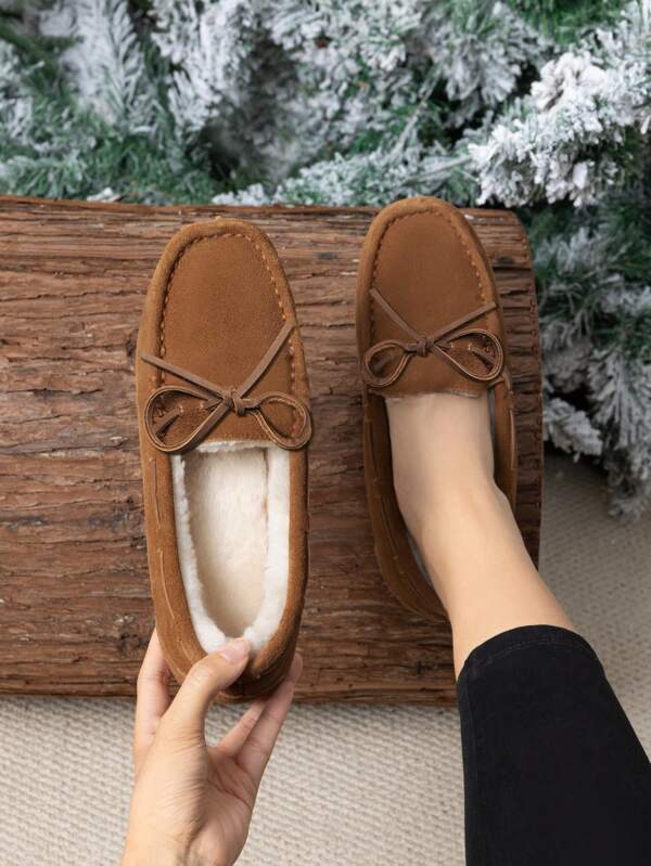 Women's House Slippers Bow-Knot Indoor Outdoor Moccasin Fuzzy Fluffy Furry Loafers Warm Shoes Furry Slippers Thanksgiving Christmas Gift (PLEASE SIZE UP)