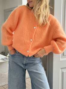 Women's Classic Crewneck Solid Open Front Cardigan Casual Button Down Long Sleeve Knit Cardigan Sweater Soft Basic Knitwear - 橘色 - 查看 2