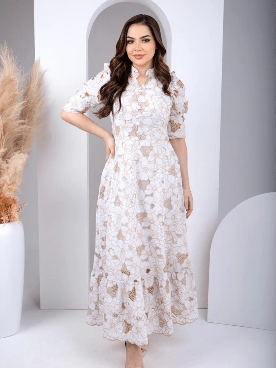 Long Party Dresses Wedding Bride Bridesmaid Laise Cotton With Short Sleeves - 淺色水洗藍 - 查看 1