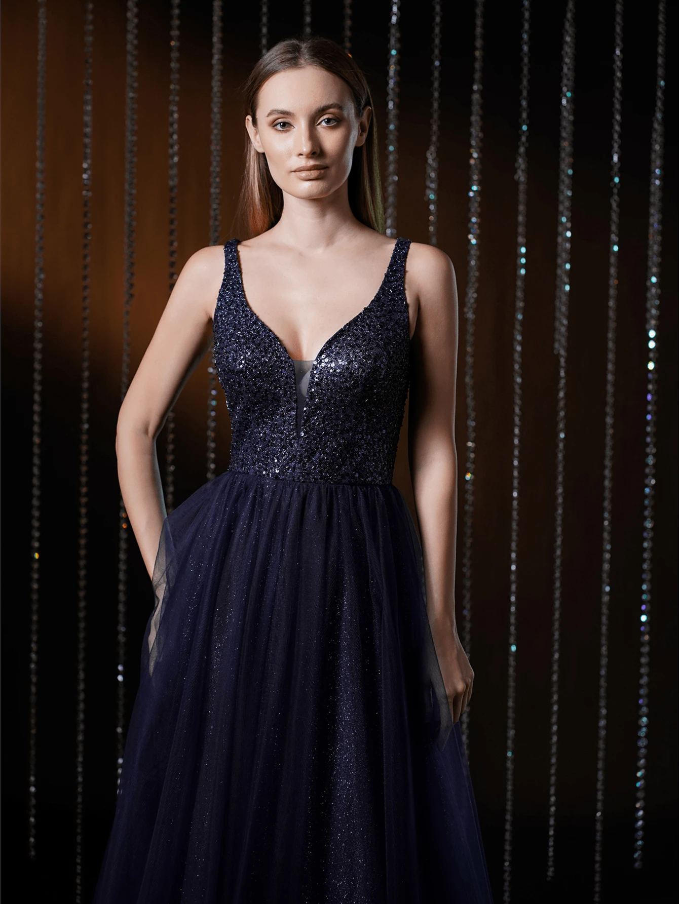 V.DRESSES Dark Blue Sequin Starlight Shining Slip Prom Dress - Blue - View 1