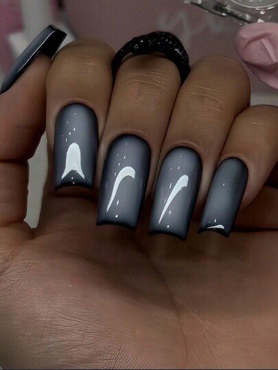 Instantly Upgrade Your Look With 24Pcs Medium Square Shape Nails Grey Blue Gradient Ombre Advanced Simple Fake Nails Full Cover False Nail For Women And Girls Includes Nail Salon With 1 Piece Of Jelly Gel And 1 File Strip Jelly Glue Is Randomly Shipped Press On Nails Nail Supplies Nails