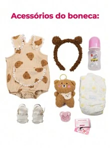 Brastoy Boneca Bebê Reborn Ursinho 48cm 100% Silicone Com Pelúcia Roupas e Acessórios Completo