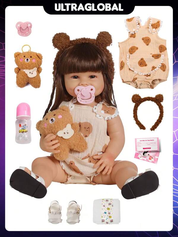 Brastoy Boneca Bebê Reborn Ursinho 48cm 100% Silicone Com Pelúcia Roupas e Acessórios Completo