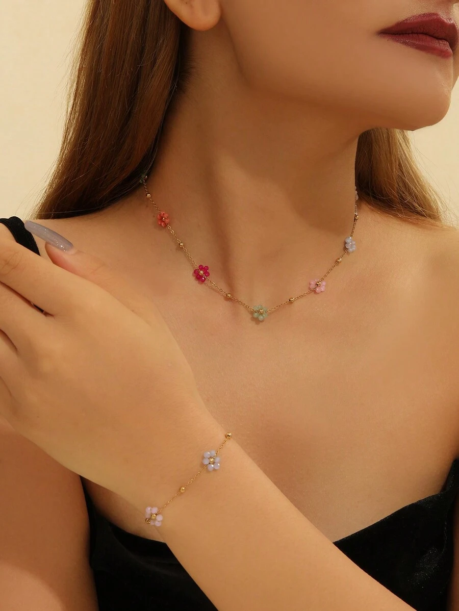 1 Bộ trang sức làm thủ công vòng cổ và vòng tay đính hạt hoa phong cách Bohemian, thép không gỉ, khoảng cách ngẫu nhiên và màu sắc hỗn hợp - hoa bện - Xem 1