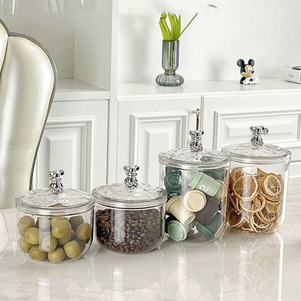 1 pièce Bocal de rangement pour bonbons réutilisable en forme d'ours, récipient en plastique transparent hermétique, convient pour ranger les bonbons, les denrées séches, le café et les noix
