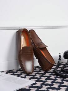 SHOESMORE Men's Stitch Detail Darkbrown Loafers Casual Slip On Penny Loafer Lightweight Driving Shoes Flat Boat Shoes - AMY802A-darkbrown - 查看 10