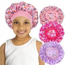 Awegeo 3 Pcs Children's Bonnets Printed Wide Edge Elastic Silky Soft Satin Bonnet, Casual And Comfortable Hair Cap, Sleeping Bonnet Turbans - 3PCS - View 1