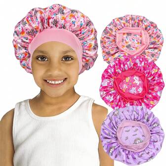 Awegeo 3 Pcs Children's Bonnets Printed Wide Edge Elastic Silky Soft Satin Bonnet, Casual And Comfortable Hair Cap, Sleeping Bonnet Turbans