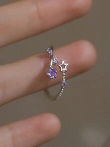 1pc Adjustable S925 Sterling Silver Purple Zirconia Star Ring, Petite & Versatile Design For Women, Suitable For Daily Wear - Multicolor - View 6