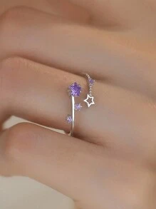 1pc Adjustable S925 Sterling Silver Purple Zirconia Star Ring, Petite & Versatile Design For Women, Suitable For Daily Wear - Multicolor - View 5