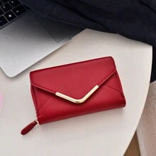 新品 优质信封拉链女士钱包 简约设计 多卡槽 宝石色调 红色 PU 皮革 硬币礼品 勃艮第钱包 女士钱包 钱包 小钱包 - 紅色 - 查看 3