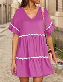 tooluck Women's Flowy Mini Dress With Pockets Solid Color & Stripes Print Design V Neck Ruffle Short Sleeve A Line Tiered - 玫紅色 - 查看 3