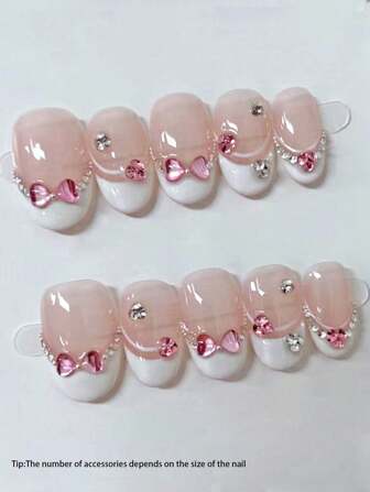 10件手工美甲，白色法式彩色钻石设计，粉色心形闪钻美甲，可爱短款日常美甲，春季美甲，夏季美甲，秋季美甲，冬季美甲，甜美辣妹可爱立体爱心创意美甲，卡通甜美酷炫，独特可爱高级美甲，Y2K风格美甲极简主义，辣妹，朋克风格，甜美酷炫前卫立体美甲按压式美甲用品美甲