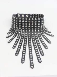 1 件女士黑色 PU 皮革颈链，带夸张铆钉装饰和流苏 - 哥特式派对