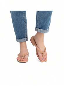 Comfortable Flip Flop Low Block Heel Sandal - 米色 - 查看 4