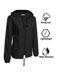 Women Packable Rain Jacket, Outdoor Hooded Windbreaker With Adjustable Drawstring - Black - View 6