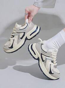 女士春秋新款网眼透气圆头系带厚底多功能时尚休闲运动鞋，橡胶软底防滑耐磨增高，银/白拼色，日常休闲运动鞋 - 藍色 - 查看 2