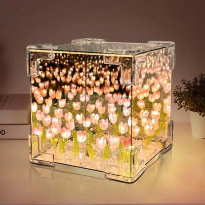 Luz de noche con tulipanes DIY en forma de cubo con espejo, talla grande de 30 flores, luz mágica de flor de tulipán hecha a mano, decoración de escritorio para dormitorio, sala de estar, regalo de cumpleaños para madres, parejas, amigos