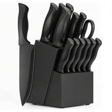 Knife Sets For Kitchen With Block, 15 Pcs Kitchen Knife Set With Block Self Sharpening, Dishwasher Safe, Anti-Slip Handle, Black