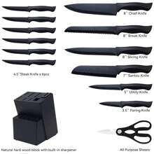 Knife Sets For Kitchen With Block, 15 Pcs Kitchen Knife Set With Block Self Sharpening, Dishwasher Safe, Anti-Slip Handle, Black