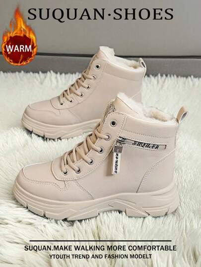 1 Pair Women's Leather Snow Boots, Warm Lining, 2024 Winter New Round Toe, Flat Heel, Anti-Slip, High-Top, Fashion, Casual, Suitable For Outdoor Sports And Travel