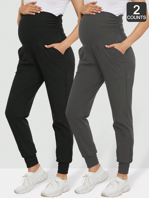 PARNIXS 2pcs/Set Maternity Sweatpants With Pockets, Comfortable High Waist Belly Support Casual Joggers
