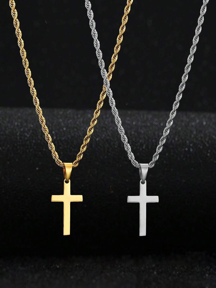 1pc Punk Hip Hop Cross Pendant Stainless Steel Rope Chain Necklace For Boys Cool Street Jewelry For Children Christmas Party Decoration Gift