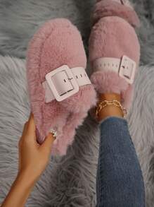 Women's Platform Fluffy Slide Sandals With Buckle, Closed Toe Slip On Slippers For Indoor/Outdoor Wear, Autumn/Winter