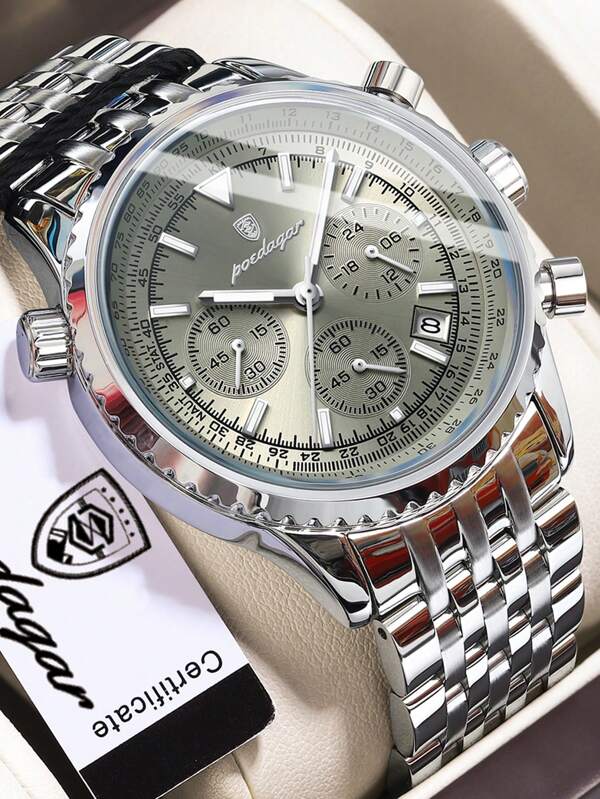 POEDAGAR 1pc Fashion Men Quartz Watchs, Stainless Steel Multi-Function Date Chronograph Waterproof Luminous Pointer Watch, Wristwatches Suitable For Business Occasions