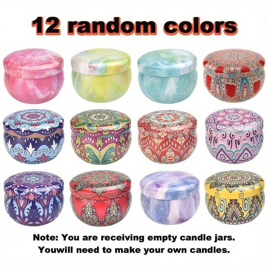 12 个带盖装饰性马口铁金属蜡烛罐，2.5 盎司空容器，用于 DIY 蜡烛制作、工艺品和储存 - 可重复使用，无需电源、房间装饰、礼物 - 彩色 - 查看 1