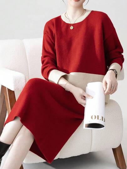 女士 2 件套优雅拼色毛衣和迷你裙套装，休闲秋冬