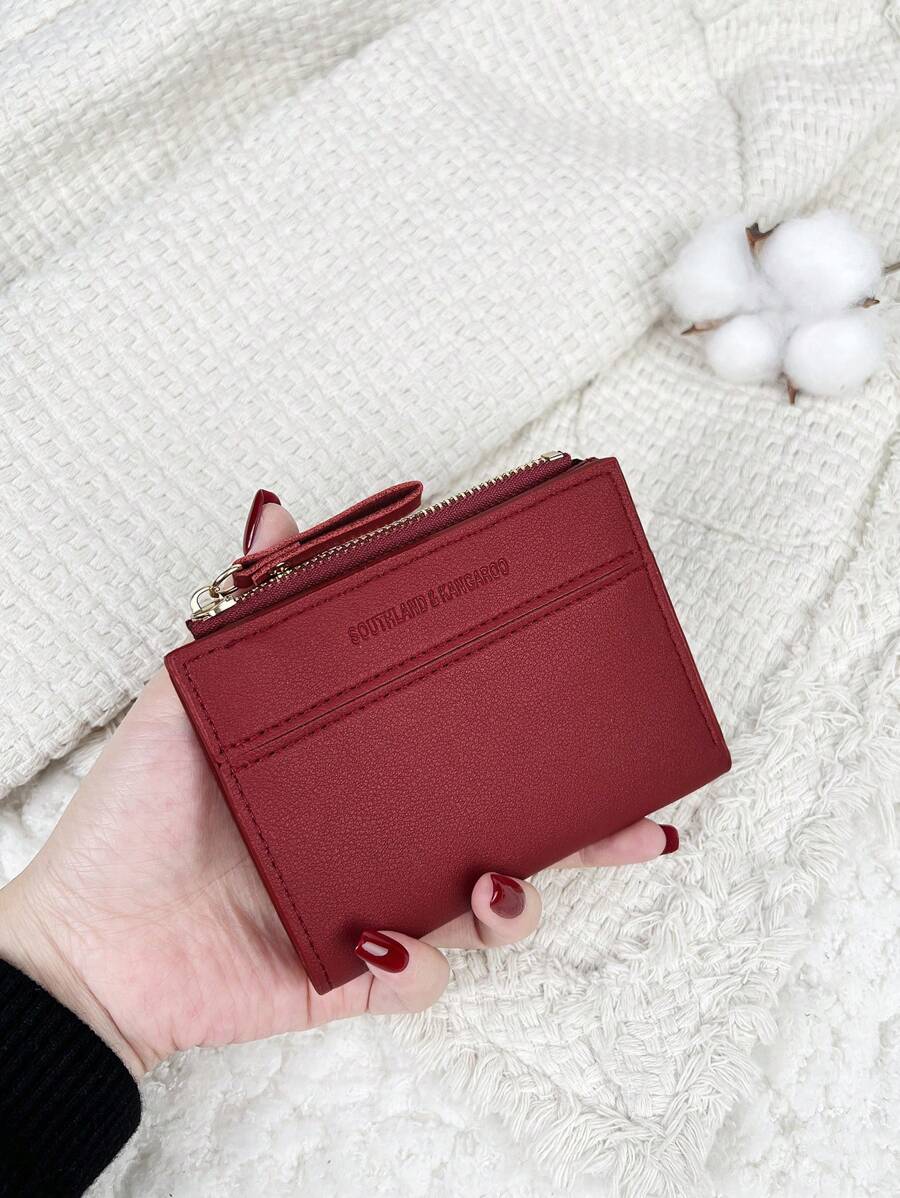 SOUTHLAND&KANGAROO Letter Detail Fold Over Pocket Wallet Small Bifold Slim Women Wallet Lightweight Portable Credit Card Key Case Short Wallet Cute Modern Fashion For Birthday Gift Christmas Anniversary Women Girls Lady Business For Anniversary For Christmas On Valentine's Day For Birthday Gift For Girls For Lady For Female Bag School Supplies For School Dorm Room & Back To School For Women Wallet Purse Wallet Small Wallet - Burgundy - View 1