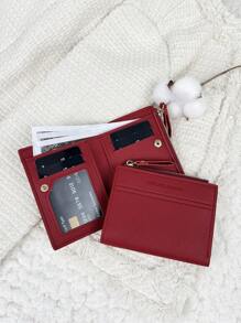 SOUTHLAND&KANGAROO Letter Detail Fold Over Pocket Wallet Small Bifold Slim Women Wallet Lightweight Portable Credit Card Key Case Short Wallet Cute Modern Fashion For Birthday Gift Christmas Anniversary Women Girls Lady Business For Anniversary For Christmas On Valentine's Day For Birthday Gift For Girls For Lady For Female Bag School Supplies For School Dorm Room & Back To School For Women Wallet Purse Wallet Small Wallet - Burgundy - View 2