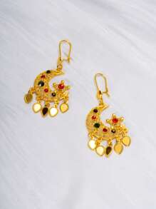 1 Pair Vintage Star Moon Design Earrings With Colorful Zirconia Embedded & Gold Tassel, Suitable Gift For Friends, Girlfriend, Wife, Birthday, Daily Wear And Eid Celebration