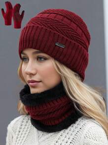 3pcs Knitted Hat, Neck Warmer & Gloves Set, Women Outdoor Solid Color Thermal Lined Warm, Unisex Suitable For Outdoor, Street, Daily Use, Fashion Knitted Hat Set, Ideal Gift Fluffy Valentines Gift - Multicolor - View 4