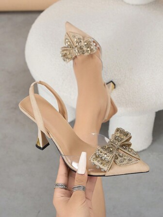 Damspetsiga pumps med strass och rosettdekor, sexiga stängda slingback-skor med formell klack för gala, bröllop, fest, dejt, bekväma för höst/vinter, beige alla hjärtans dag, kitten heels, eleganta, spetsiga klackar