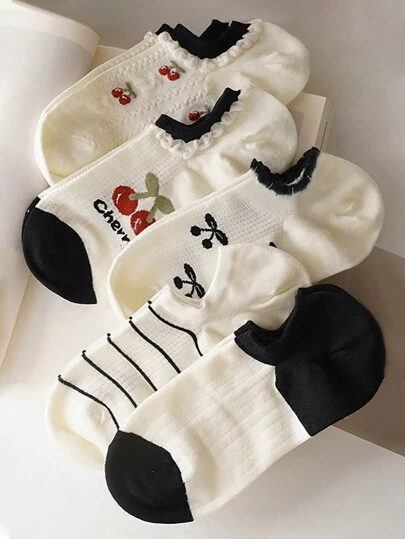 5 双女士短袜，黑白花卉袜子，适合所有季节