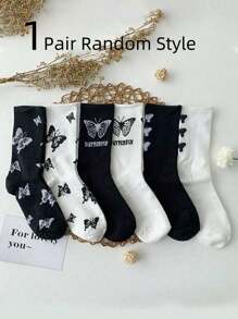 Set de 6 pares/1 par de calcetines de media pantorrilla con estampado de mariposa en negro y blanco, adecuados para primavera, otoño e invierno, con estilo fashionable tipo Ins, se pueden usar con zapatos casuales, tenis, como regalo para niñas, niños, mamá, papá, prendas de invierno para niñas y niños, regalo navideño