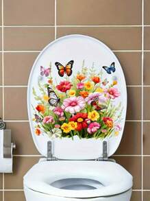 1 件花卉和蝴蝶马桶座贴纸 - 适用于陶瓷浴室表面的防水 PVC 贴花，不对称形状多用途墙贴艺术贴纸，适用于家居装饰 - 花卉和蝴蝶馬桶座貼花 - 查看 5