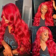 Red Colored 200% Density Body Wave Human Hair Wigs 13x4 Lace Front Hair Wigs For Women Pre Plucked With Baby Hair Brazilian Remy Loose Wave Lace Frontal Long Human Hair Wig 16-34inch - Đỏ - Xem 6