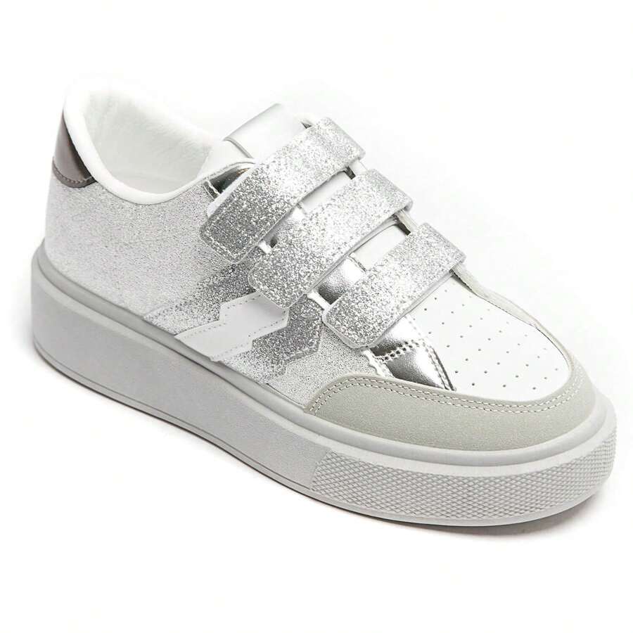 Comfortable Women's Hook And Loop Sneakers With Metallic Details And Original Patterns - Silver - View 1
