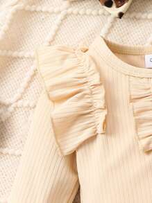 Baby Girl Solid Color Ruffle Trim Long Sleeve Bodysuit And Leopard Print Long Cute Set, Autumn - Apricot - View 4