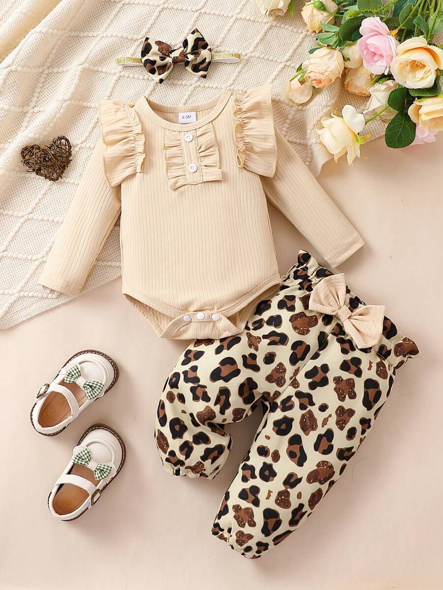 Baby Girl Solid Color Ruffle Trim Long Sleeve Bodysuit And Leopard Print Long Cute Set, Autumn - Apricot - View 1