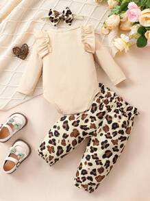 Baby Girl Solid Color Ruffle Trim Long Sleeve Bodysuit And Leopard Print Long Cute Set, Autumn - Apricot - View 2